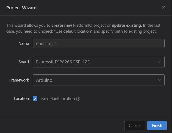Platformio Project Wizard beim Erstellen eines neuen Projekts in VS Code